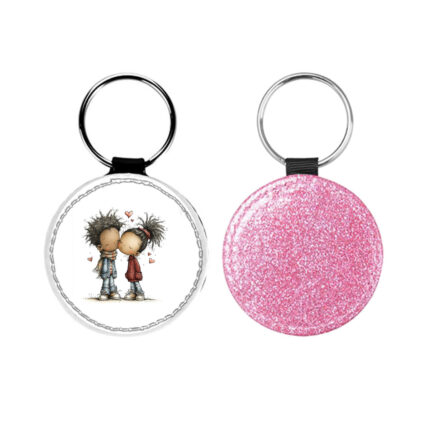 Δερμάτινο Μπρελόκ στρογγυλό Αγίου Βαλεντίνου Ζευγάρια Glitter Ροζ