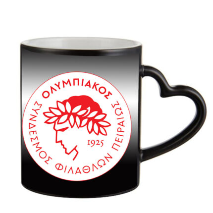 Μαγική μαύρη κούπα Ολυμπιακός με λαβή καρδιά